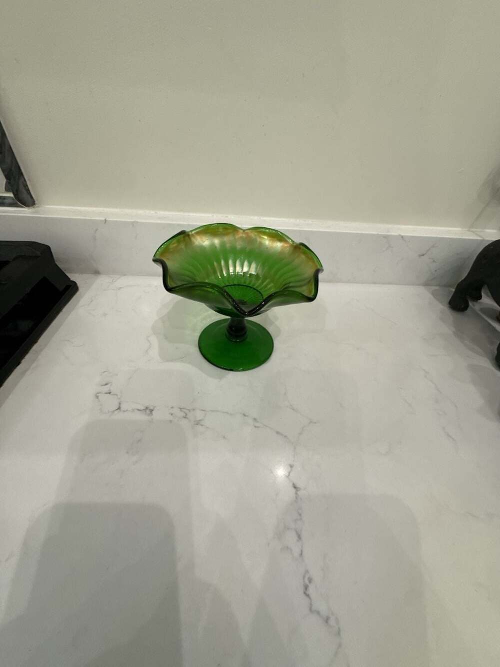 Vintage Green Carnival Glass Footed Compote Ruffled Edge Bowl